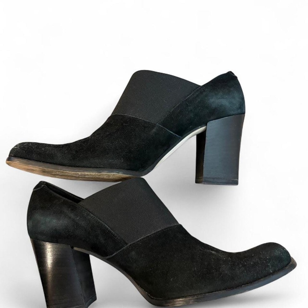 Vintage Aldo Chelini Black Suede Heels 8.5 M Made Italy Square Toe Block Heel